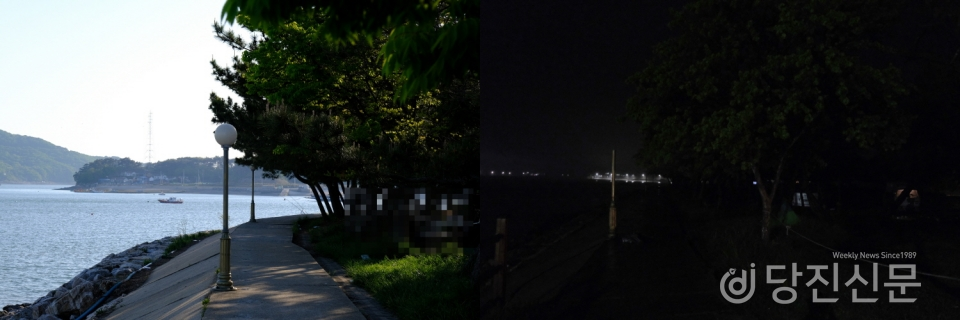 사진 왼쪽부터 ▲도비도 관광지 해안 주변에 설치된 조명시설의 모습과 ▲밤에 촬영한 모습. 밤에 조명시설은 작동하지 않았고, 바다 반대편 불빛과 캠핑객의 텐트안 조명만이 희미하게 보인다.