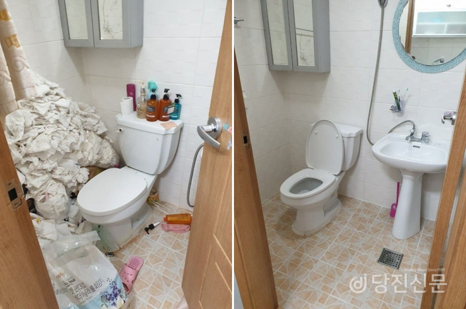 청소전문업체 ‘바른청소생활’의 화장실 창소 전후 모습 ⓒ당진신문 김정아 시민기자