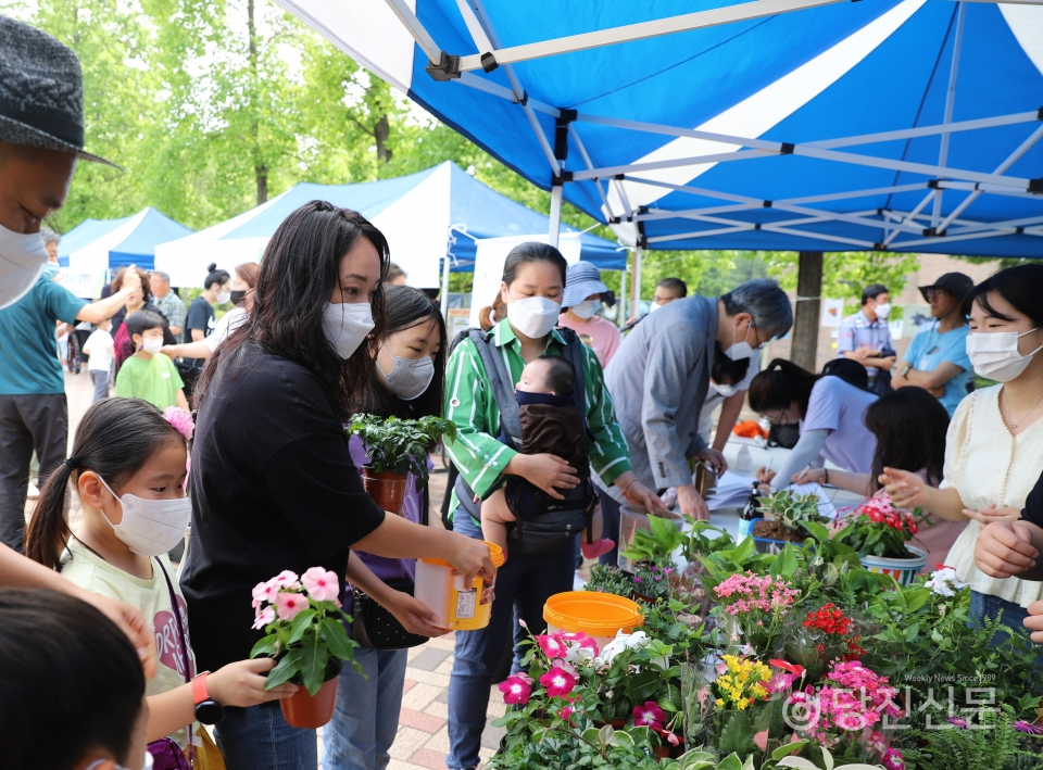 행사에 빈 플라스틱 용기를 갖고 온 시민들이 화분을 만들기 위해 공기정화식물을 고르고 있다. 이날 행사에는 250여 명이 참여했다.