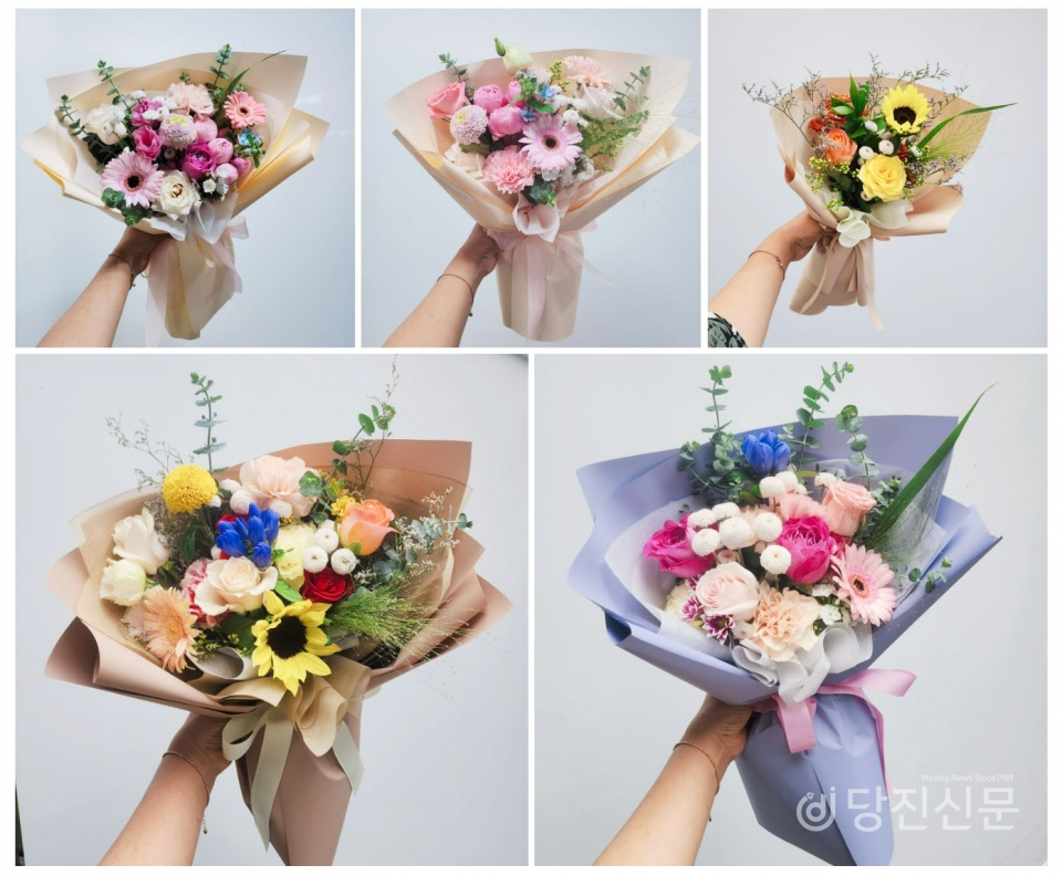 푸른꽃화원에서 직접 제작한 꽃다발과 꽃바구니 모습. ⓒ당진신문 이혜진 기자
