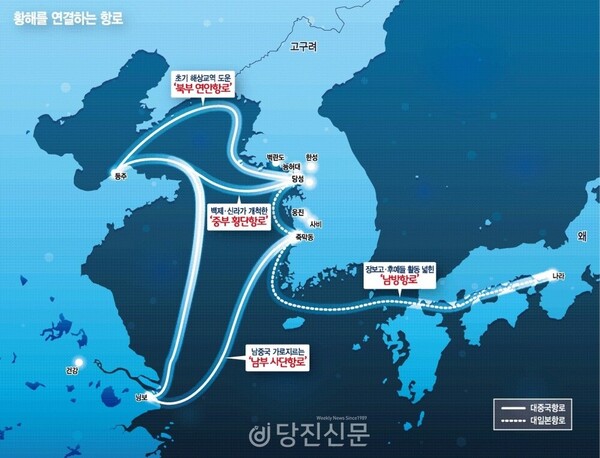 황해를 연결하는 항로. 인천일보 2019.10.24. 문명의 바다 생명의 바다, 황해 자료. ⓒ이인화 제공